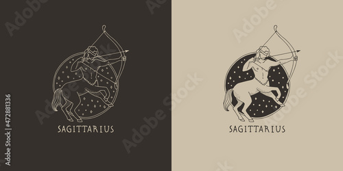 Outline zodiac sign Sagittarius. Astrological symbol. Horoscope. Set of two variants of logos on a dark and light background