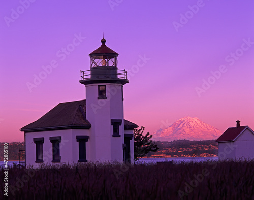 Washington State, Maury Island, Point Robinson Lighthouse, established 1885, built 1915, with Mt. Rainier