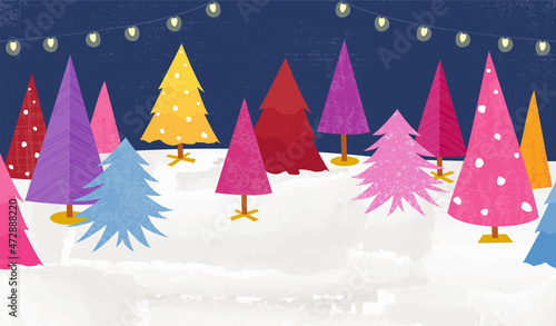 A playful night time colorful Christmas tree lot, in a cut paper style with textures 