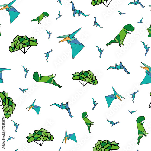 Vector white Origami paper dinosaurs background pattern