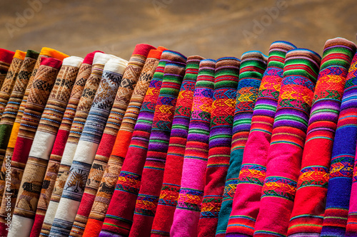 Typical indigenous handcraft in Peru. They are the Inca traditional ornaments. Sacred Valley, Peru