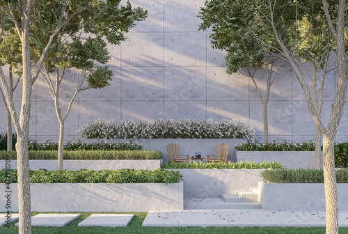 Minimal loft style step garden 3d render,There are concrete wall Surrounded by nature.