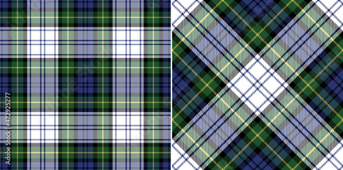 Tartan check plaid pattern Gordon Dress in blue, green, yellow, white. Seamless traditional vector for spring autumn winter flannel shirt, blanket, duvet cover, other modern fashion textile print.