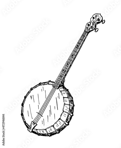 American banjo isolated retro musical instrument. Vector four string banjo guitar, chordal accompaniment. Hand drawn sketch Banjo on a white background.