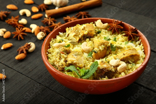 Homemade chicken pilav, rice cooked with meat and spices, Arabic cuisine.