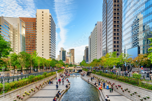 Scenic view of the Cheonggye Stream at downtown of Seoul