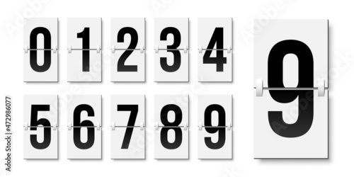 Flip board style numbers vector illustration. Airport terminal, arrival board with numbers template. Realistic flip scoreboard, analog timetable or countdown symbols. Flight destination display