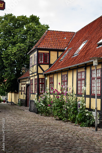 Beautiful view from the street in old quaint town in Faaborg, Denmark