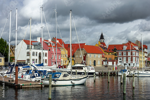 Beautiful view of old port town with charming buildings in Svendborg, Denmark