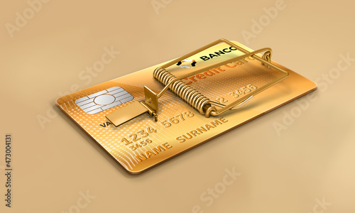 Bank credit card with mousetrap. Golden credit card, abusive credit, financial scam, revolving card, usury and microcredits. Debts with the bank 3d illustration