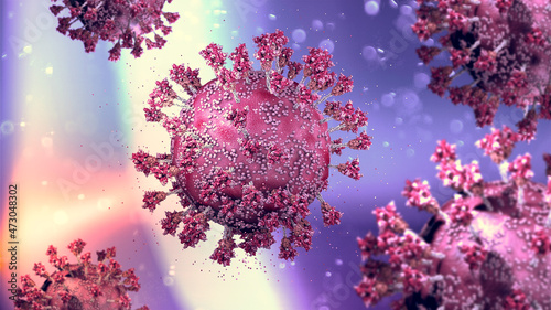 Virus variant, coronavirus, spike protein. Omicron. Covid-19 seen under the microscope. SARS-CoV-2, 3d rendering