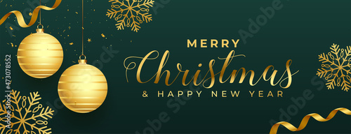 lovely golden merry christmas and new year banner with realistic elements