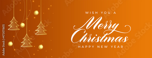 merry christmas orange banner with golden tree and balls decoration