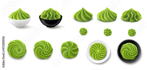 Set of wasabi portions in various shapes, paste in bowls isolated on white background. Top and side view. Realistic vector illustration.