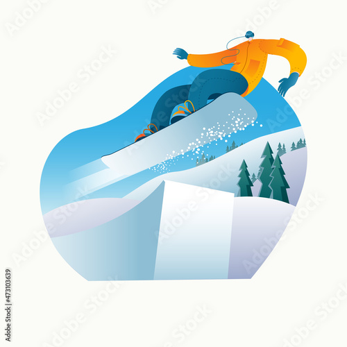 A snowboarder performs a ski jump in a snowpark in sunny weather against the backdrop of mountains. Vector illustration on the theme of a ski resort.