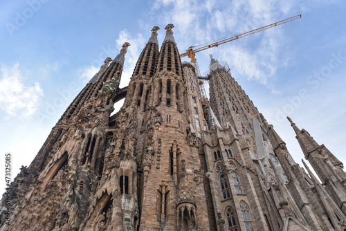 Barcelona, Spain - 22 Nov, 2022: Towers of the Sagrada Familia temple, Gaudi, Barcelona, Catalonia, Spain