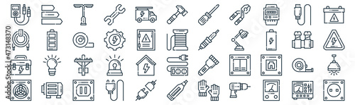 electrician tools and thin line icon set such as pack of simple truck, gear, electric pole, electric motor, tool box, tape, usb icons for report, presentation, diagram, web design