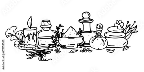 Ayurveda concept illustration with mortar, herbs, essential oil bottle, massage stones and aroma lamp candle. Outline vector illustration of ayurveda items isolated on white.