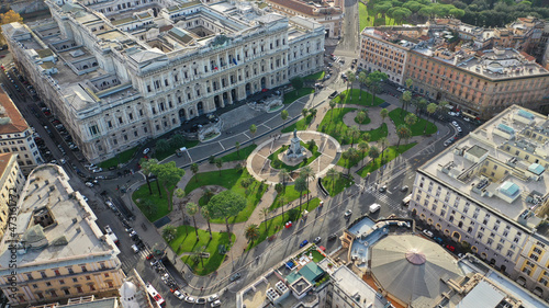 Aerial drone photo of famous Piazza Cavour next to supreme court of Rome and Tiber river, Italy