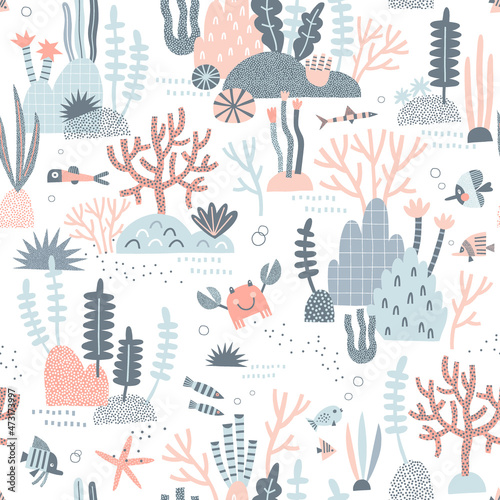 Marine life Coral reef Fish Crab Seaweed vector seamless pattern. Pastel colours sea bottom white background. Scandinavian decorative childish surface design for nautical nursery and navy kids fabric.