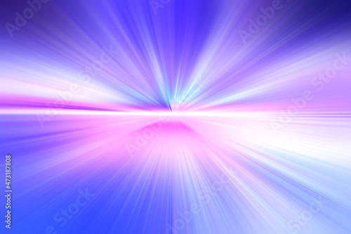 Abstract surface of radial blur zoom in blue, pink and lilac tones. Neon lilac- pink background with radial, diverging, converging lines.