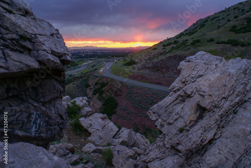 sunset at the mouth of Parley's canyon in Salt Lake City from the top of a popular rock climbing spot