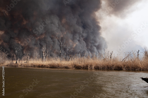 Large fire on banks of River. View from water. Fire mercilessly destroys flora and fauna