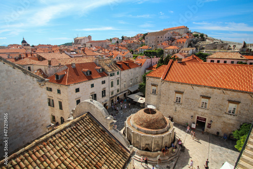 Famous Onofrio fountain in downtown Dubrovnik, view from the city wall