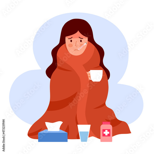 Sick woman suffering from flu with blanket. Female has fever and take thermometer in mouth. Cold or influenza disease concept. Season allergy.