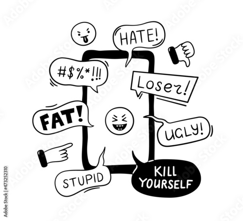 Cyber bullying, mobile trolling, conflict and violence situation. Bad reviews, comments, dislike on messenger and social networks. Vector illustration isolated in doodle style on white background.
