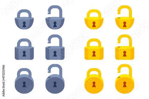 Game icon golden metal closed lock of different shapes.