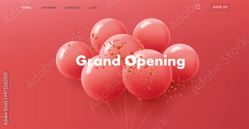 grand opening web banner with bunch of round red air balloons on red background with golden confetti, modern style landing page design