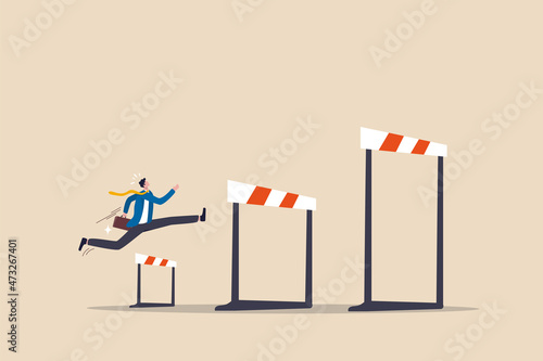 Business challenge, overcome difficulty or obstacle to achieve business success, effort, skill or aspiration to solve problem concept, ambitious businessman jump over hurdles to find higher obstacles.