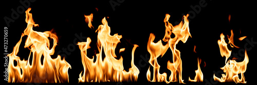  Orange flames isolated on black background. Set of various kind of flames.