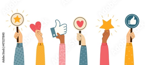 People give review rating and feedback. Hands different skin colors vote. Likes, hearts, thumbs up button, positive and approve signs, rating Icons. Customer choice. Colored flat illustration