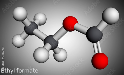 Ethyl formate, ethylformate, ethyl methanoate, formic ether molecule. It is formate ester derived from formic acid and ethanol.. Molecular model. 3D rendering