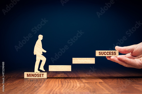 Change mindset lead to be successful. Concept with wooden pieces of blocks and person representing soar to success. Helping hand of coach, mentor or another motivating person.