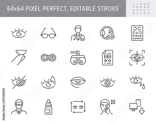 Ophthalmology line icons. Vector illustration include icon - contact lens, eyeball, glasses, blindness, eye check, outline pictogram for optometrist equipment. 64x64 Pixel Perfect, Editable Stroke