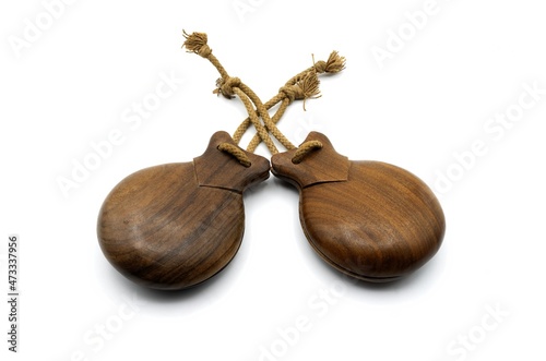 Spanish castanuelas, typical musical instrument of Spanish folklore, typical of the Aragonese jota on white background.