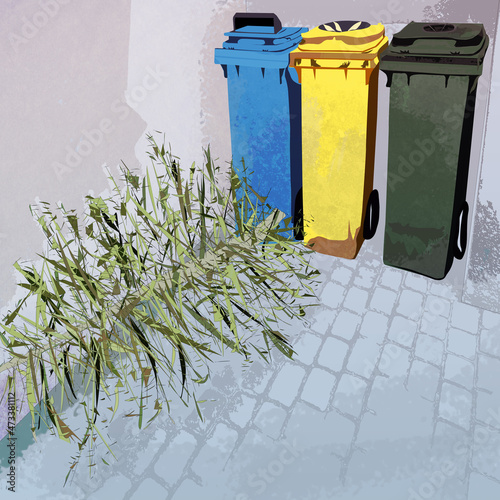 Trzy plastikowe śmietniki niebieski zielony żółty stojące w zaułku wyrzucona po świętach uschła choinka