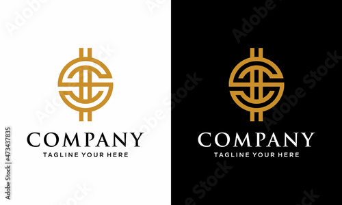 logo design initial letter s in a circle shaped like a crypto icon. on a black and white background.