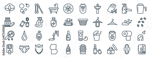set of 40 flat hygiene web icons in line style such as bubbles, cotton swab, parasite, water heater, ablution, detergent dose, epilator icons for report, presentation, diagram, web design