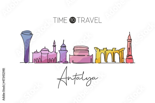 Single continuous line drawing of Antalya skyline, Turkey. Famous city scraper landscape. World travel destination home wall decor poster print concept. Modern one line draw design vector illustration