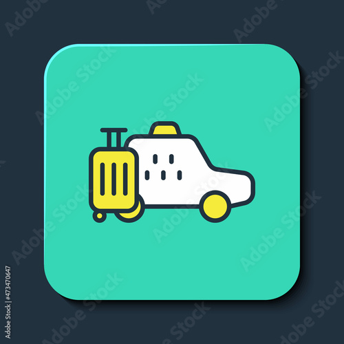 Filled outline Taxi car icon isolated on blue background. Turquoise square button. Vector