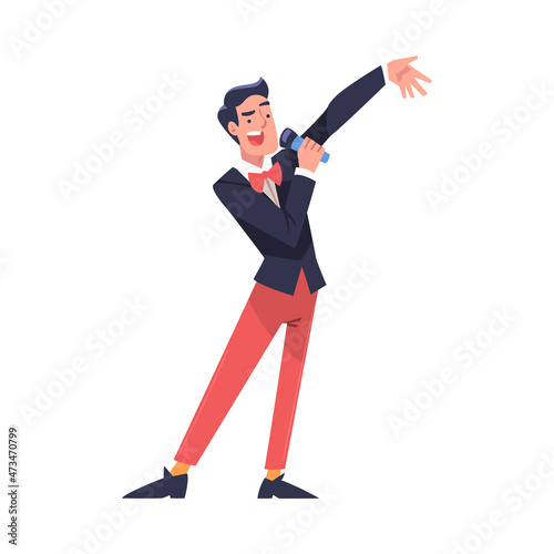 Lottery with Smiling Man Presenter with Microphone Announcing Winner Vector Illustration