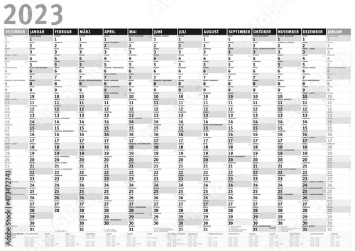 Kalender 2023 (Dezember 2022 bis Januar 2024) mit Ferien s/w