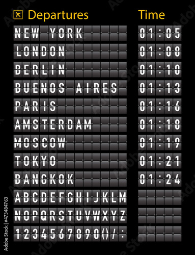 Airport timetable. Airport board for departure and arrive. Information of flight. Font on display panel. Destination on scoreboard. Timetable on terminal. Realistic alphabet with schedule. Vector