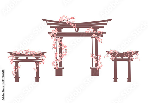 traditional japanese torii gate entrance to shinto shrine decorated with blooming cherry tree branches - spring season sakura hanami vector design set