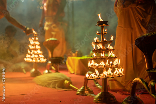 Ganga aarti ceremony rituals were performed by Hindu priests at Dashashwamedh Ghat and Assi Ghat in Varanasi Uttar Pradesh India