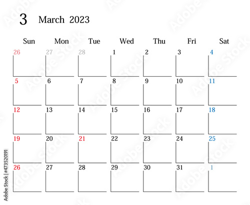 2023年3月、日本のカレンダー